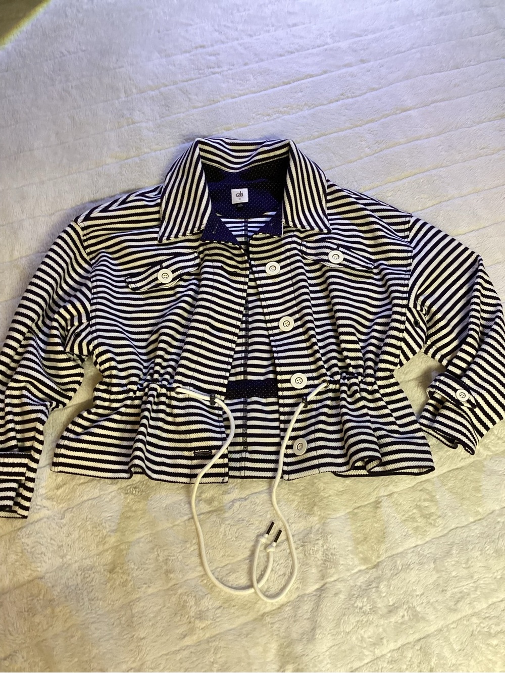 CAbi Navy & White Striped Drawcord Cropped Jacket